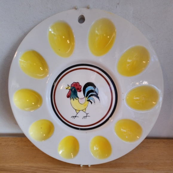 Vintage Japan Ceramic Egg Plate Rooster Handpainted Platter Art - Picture 1 of 8